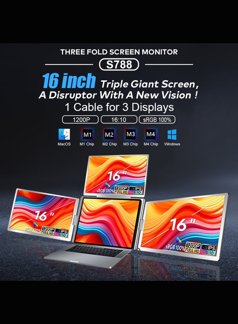 HILUKE 16" Laptop Screen Extender, Just 1 Cable for 3 Screens Quad Monitor, 1200P FHD Screen Extender for 12"-18.5" Laptops, Triple Portable Monitor for Wins/Mac M1|M2|M3|M4|M5 - Image 2